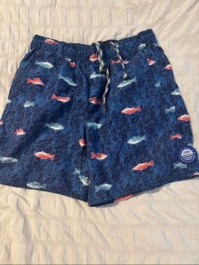 AFTCO Navy Blue Kids Swim Trunks with Red and Light Blue Fish Print